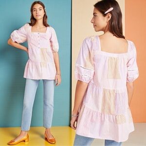 Anthropologie Maeve Gable Tiered Square Neck Puff Sleeve Pink Tunic Top Small